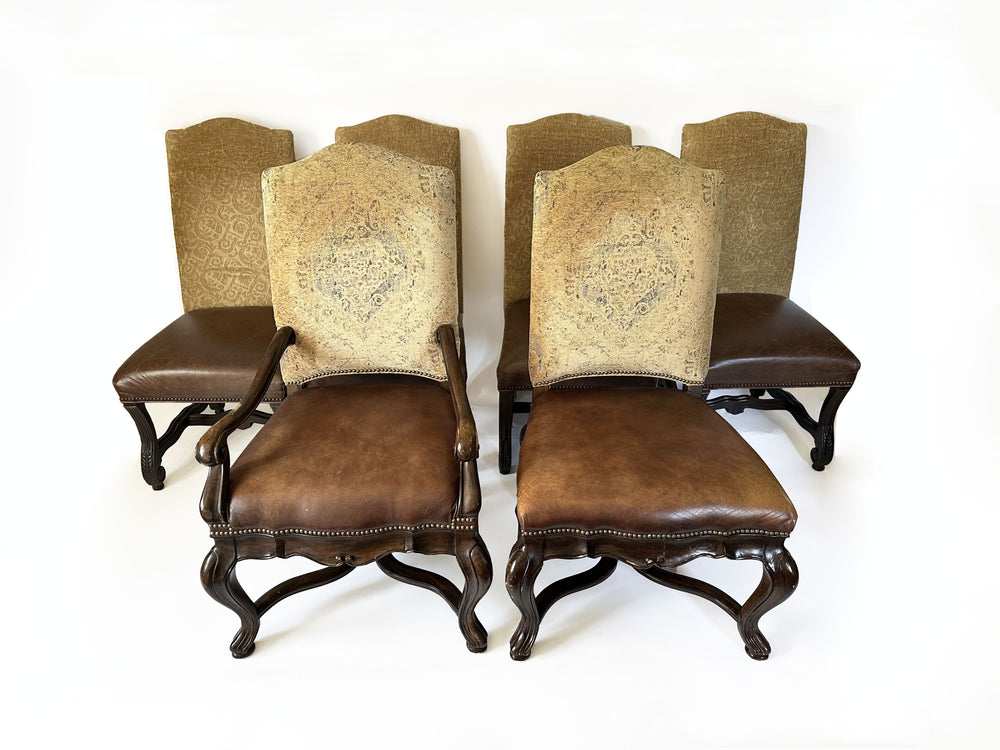 Thomasville and Design Master Louis XV Tuscan Leather and Tapestry Dining Chairs Set of 8