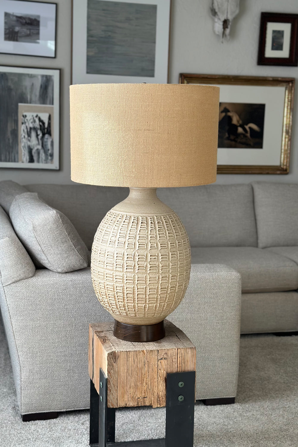 1960s Bob Kinzie Mid Century Modern Beige Monumental Pottery Table Lamps - Set of 2