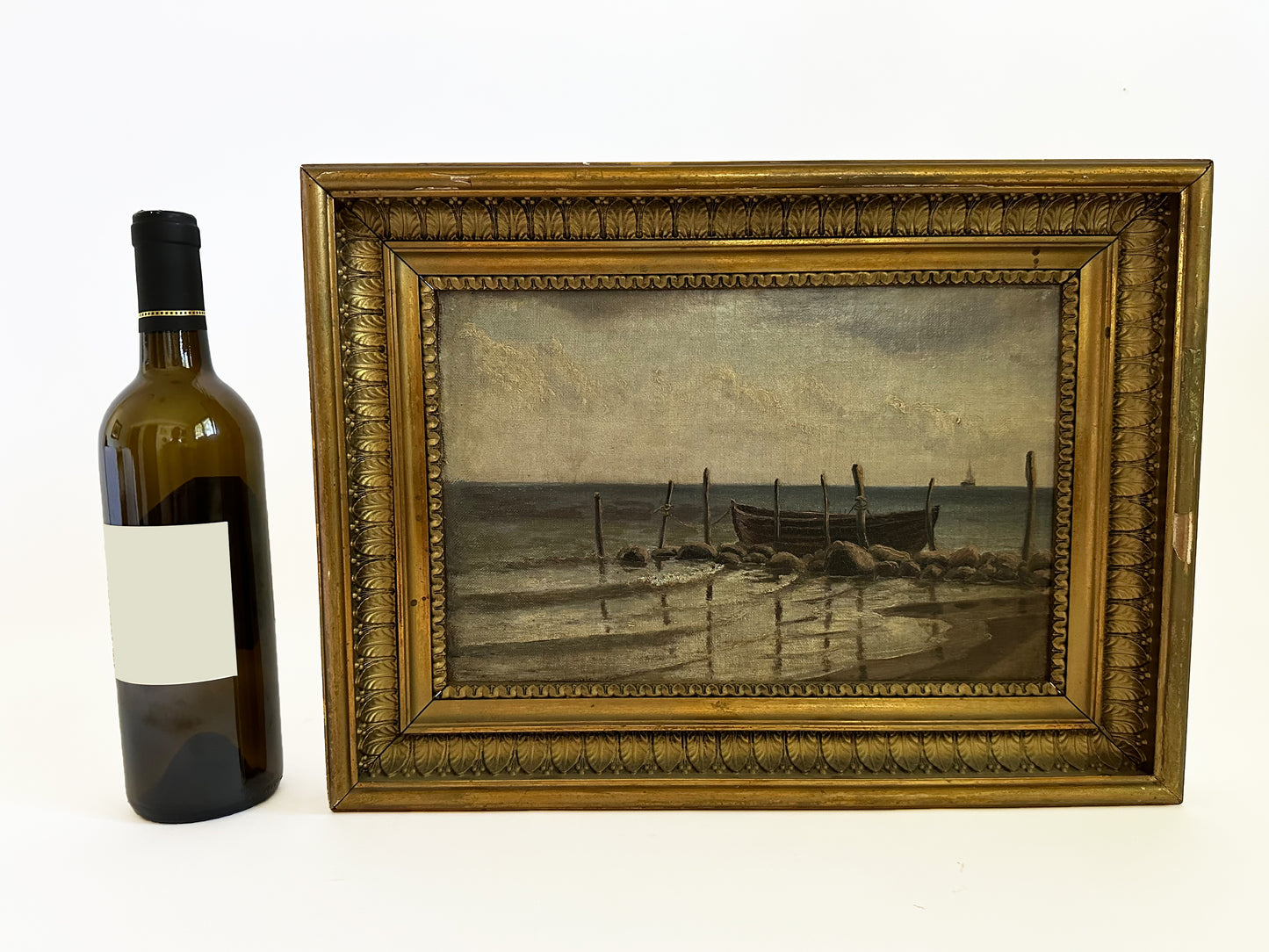 Antique Coastal Landscape Oil Painting, 1910 Original Artwork in Antique Gold Frame