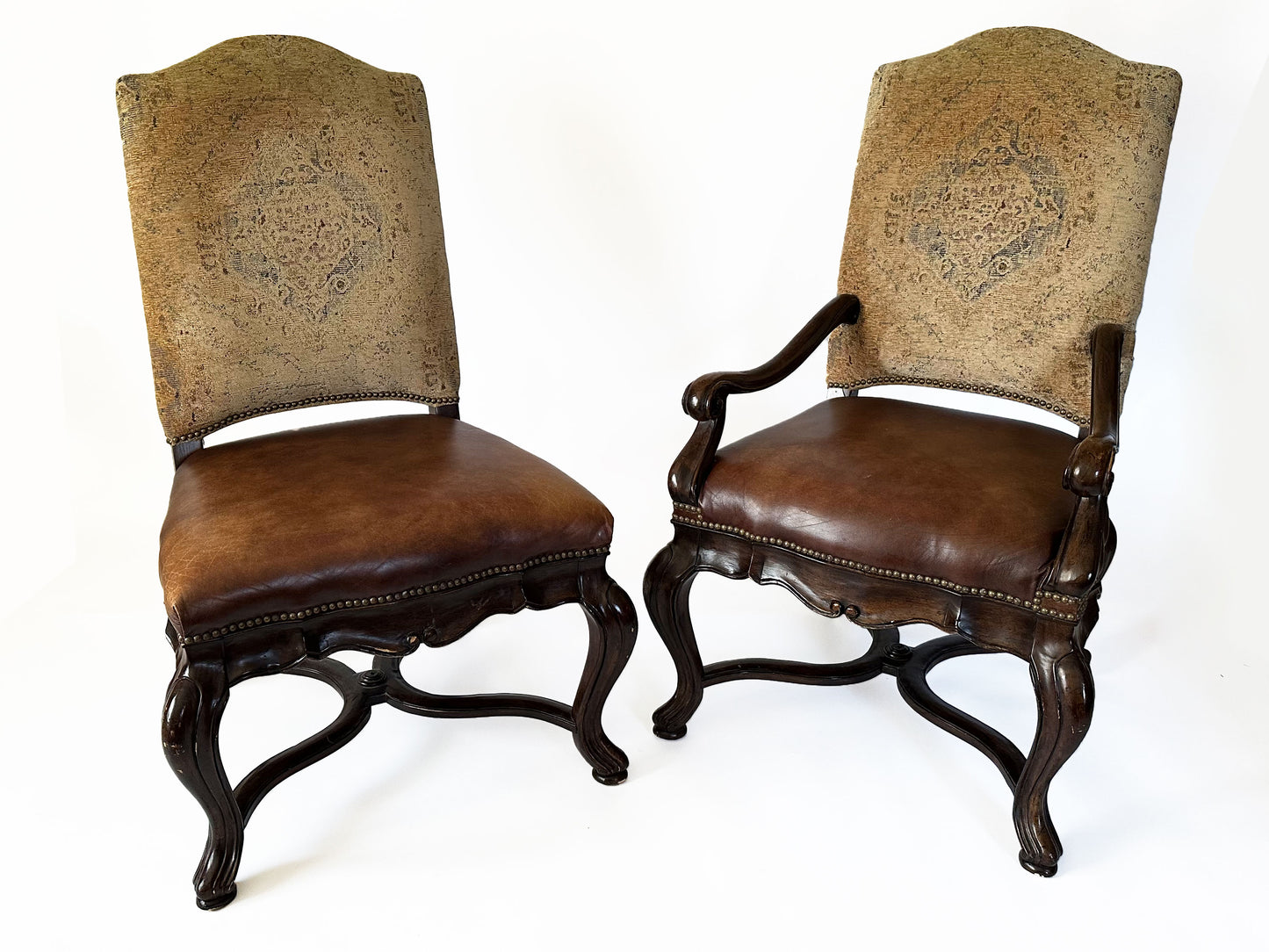 Thomasville and Design Master Louis XV Tuscan Leather and Tapestry Dining Chairs Set of 8