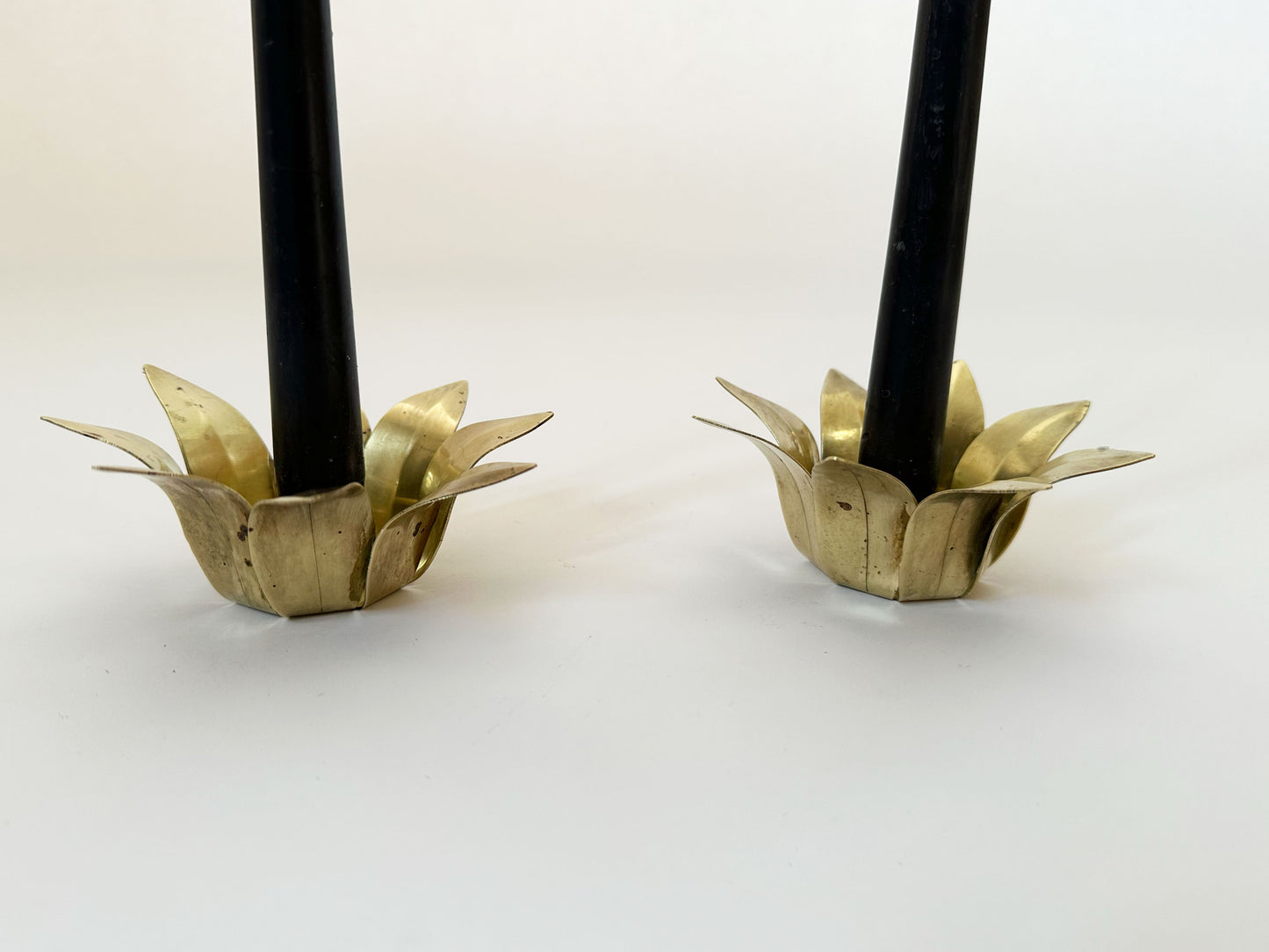 1960s Vintage Swedish Mid-Century Modern Brass Lotus Flower Candlestick Holders Set of 2