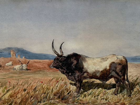 Antique Bull Painting Large 1916 Original Artwork