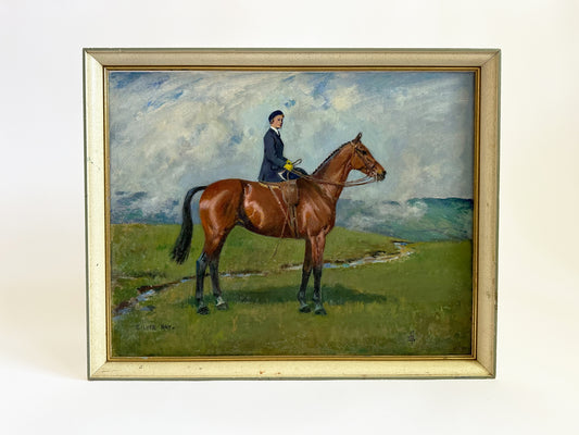Vintage Horse Painting, 1960s Original Artwork by Violet Skinner, Equestrian Woman Riding Horse