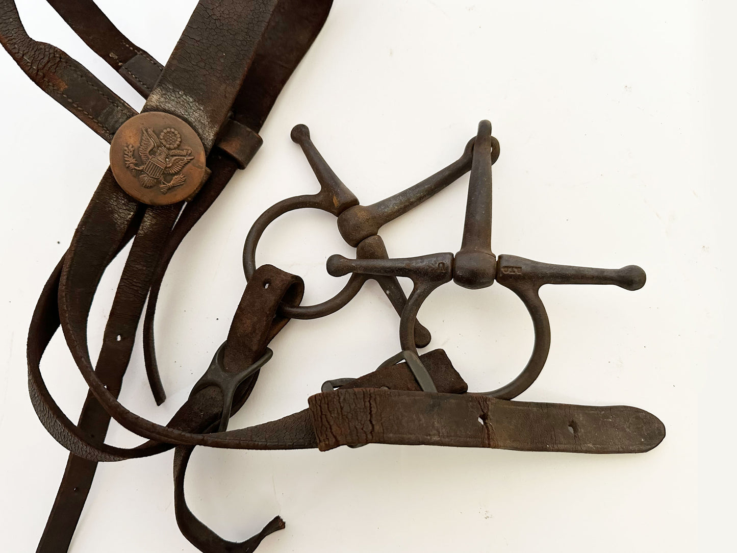 Antique US Cavalry Horse Bridle And Bit, WWI US cavalry leather horse bridle