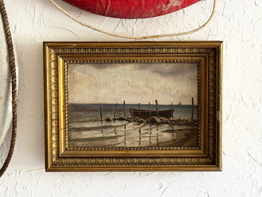 Antique Coastal Landscape Oil Painting, 1910 Original Artwork in Antique Gold Frame