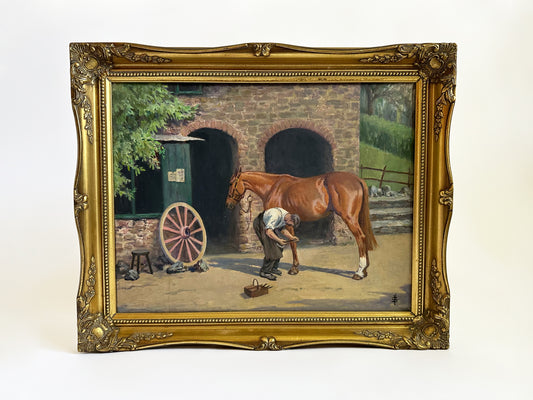 Vintage Horse Painting, 1960s Original Artwork of Blacksmith and Chestnut Horse by Violet Skinner