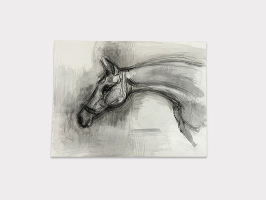 1990s "Horse Portrait Study in Black and White" British Sporting Art Equestrian Abstract Mixed Media Watercolor on Paper