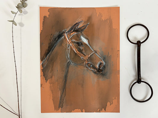 1990s "Horse Portrait Study on Tan" British Sporting Art Equestrian Abstract Mixed Media Watercolor on Paper