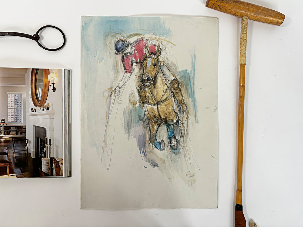 1990s "Polo Pony" British Sporting Art Equestrian Abstract Horse Mixed Media Watercolor on Paper