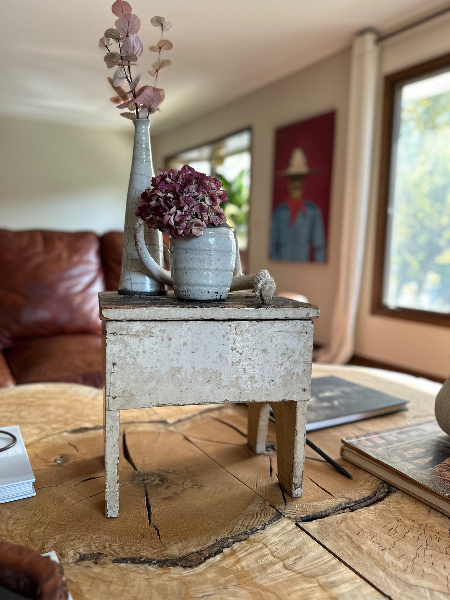 1930s Antique Shinola Primitive Painted White Distressed Wood Stool