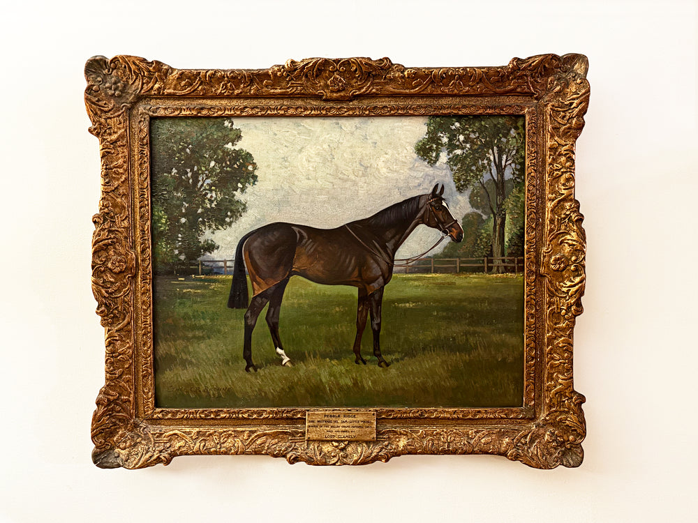 1934 "Pebble Ridge" Large Antique Horse Painting English Country Oil on Canvas by Ethel C. R. Browne