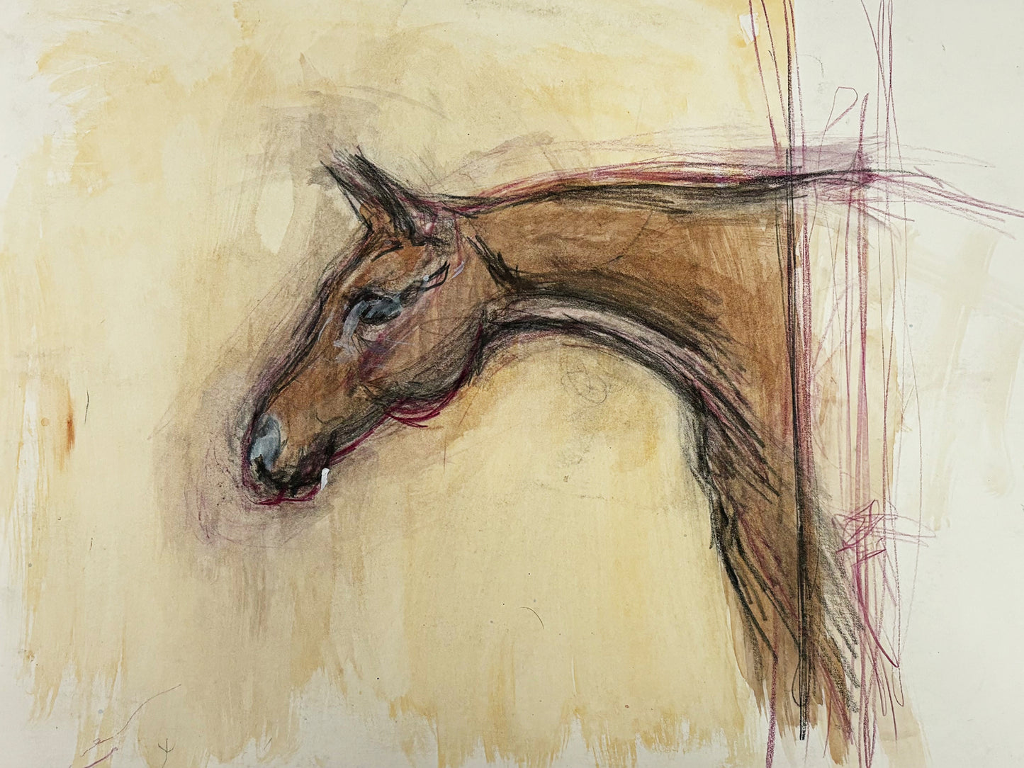 1990s "Horse Portrait Study in Beige and Maroon" British Sporting Art Equestrian Abstract Mixed Media Watercolor on Paper