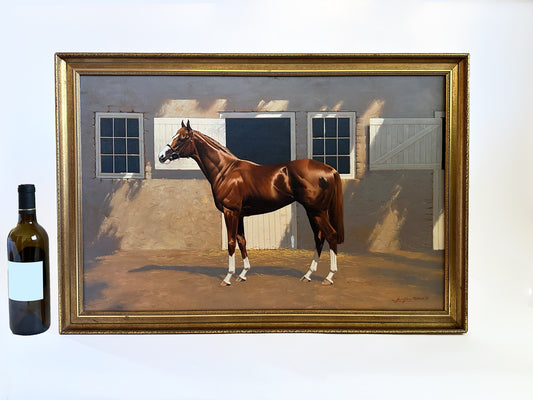 Vintage Horse Painting, 1970's Original Racehorse Artwork