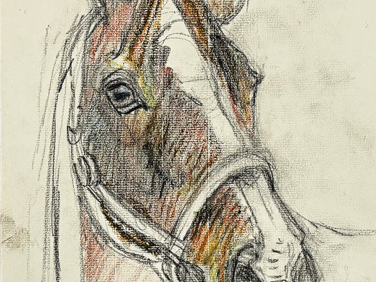 1990s "Horse Portrait Study in Brown and White" British Sporting Art Equestrian Abstract Mixed Media Watercolor on Paper