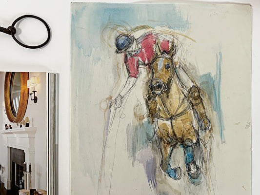 1990s "Polo Pony" British Sporting Art Equestrian Abstract Horse Mixed Media Watercolor on Paper