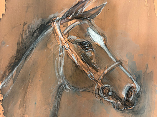 1990s "Horse Portrait Study on Tan" British Sporting Art Equestrian Abstract Mixed Media Watercolor on Paper