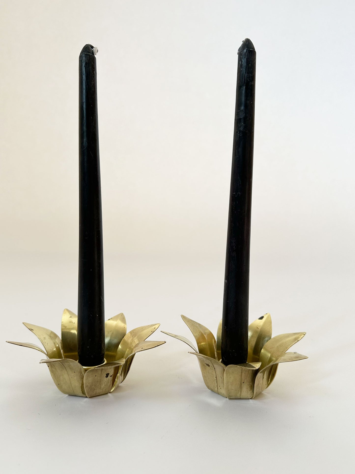 1960s Vintage Swedish Mid-Century Modern Brass Lotus Flower Candlestick Holders Set of 2