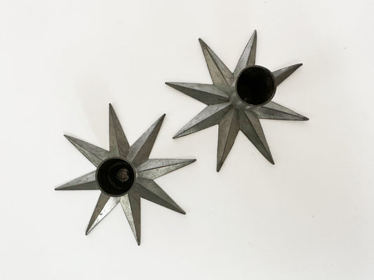 Vintage Pewter Star Candle Holders, Scandinavian Candlestick Holders, Set of 2