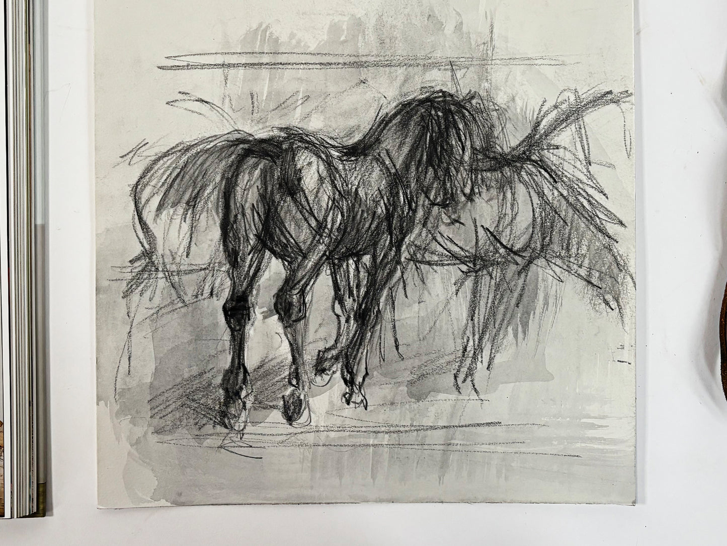 1990s "Horse Portrait Study in Black and White" British Sporting Art Equestrian Abstract Mixed Media Watercolor on Paper