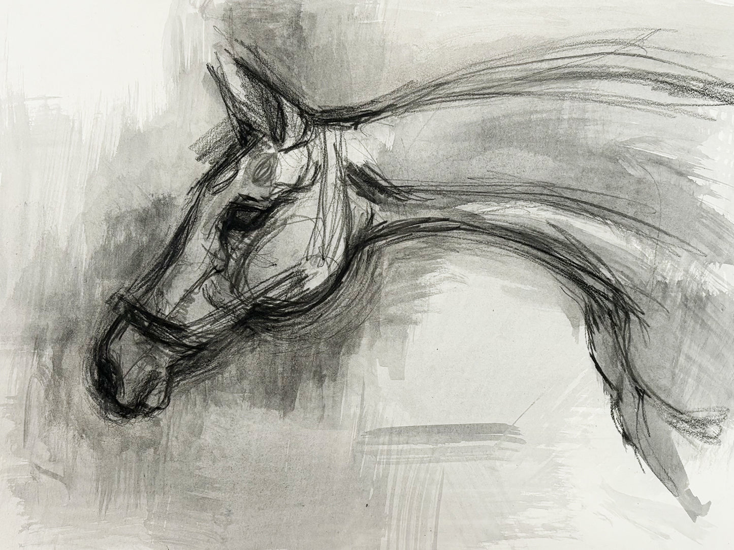 1990s "Horse Portrait Study in Black and White" British Sporting Art Equestrian Abstract Mixed Media Watercolor on Paper