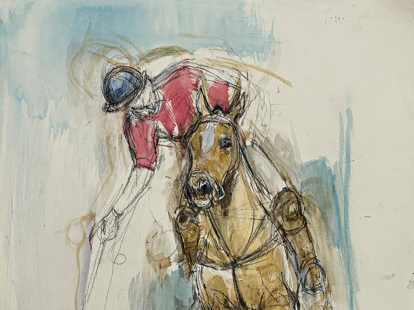 1990s "Polo Pony" British Sporting Art Equestrian Abstract Horse Mixed Media Watercolor on Paper