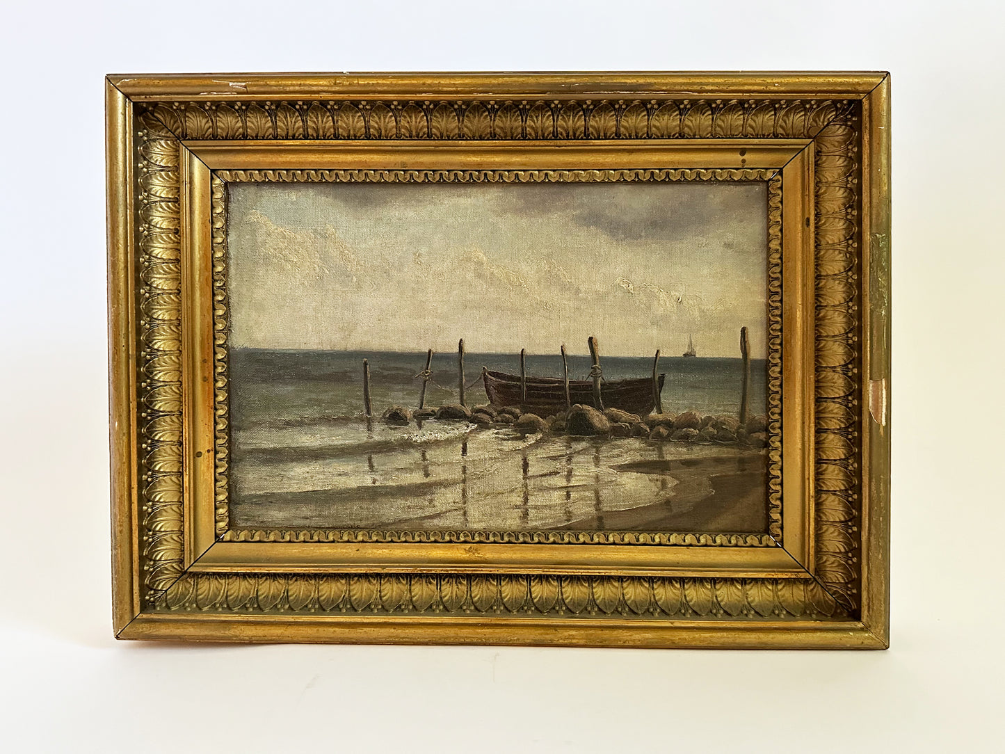 Antique Coastal Landscape Oil Painting, 1910 Original Artwork in Antique Gold Frame