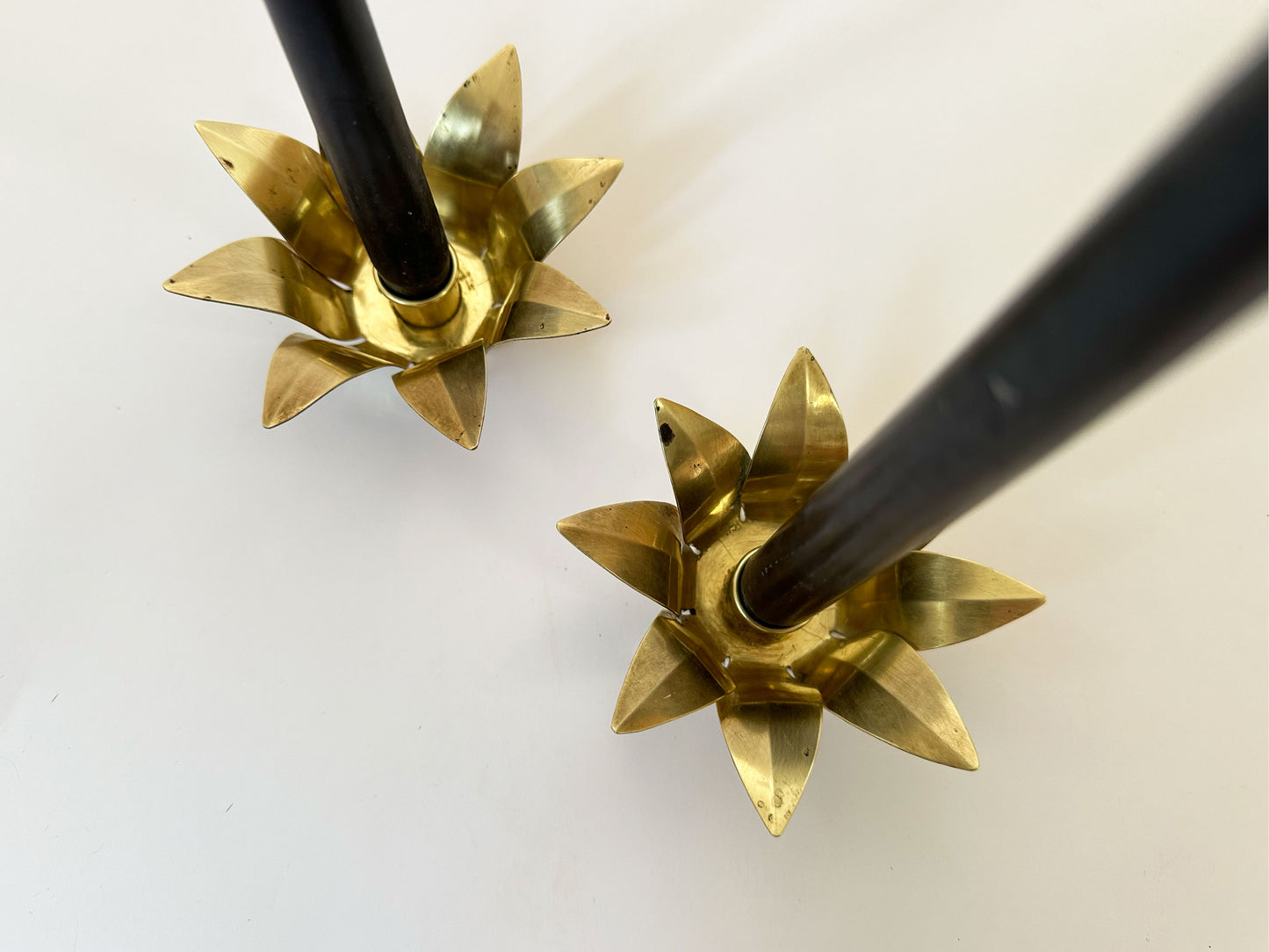 1960s Vintage Swedish Mid-Century Modern Brass Lotus Flower Candlestick Holders Set of 2