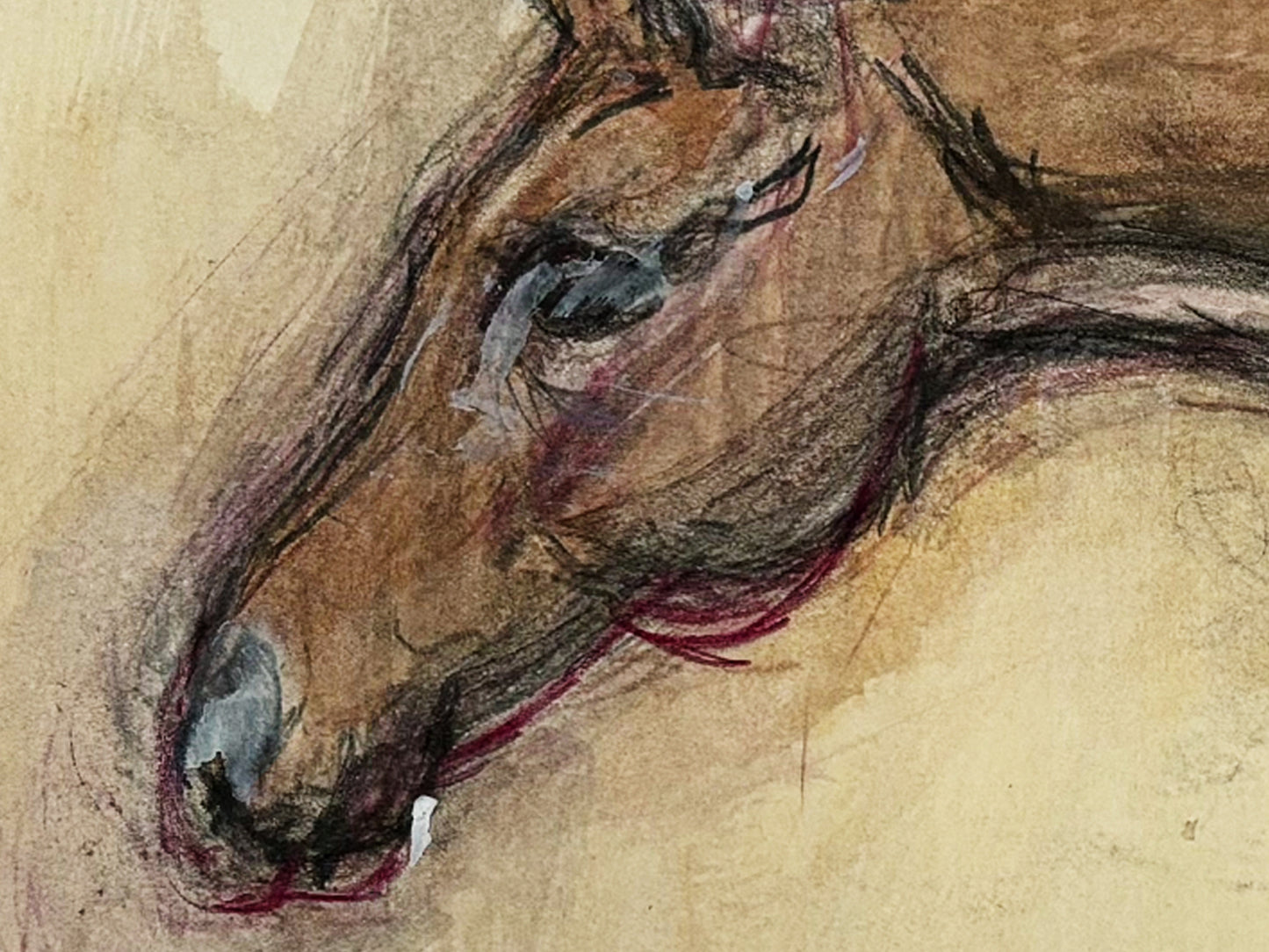 1990s "Horse Portrait Study in Beige and Maroon" British Sporting Art Equestrian Abstract Mixed Media Watercolor on Paper