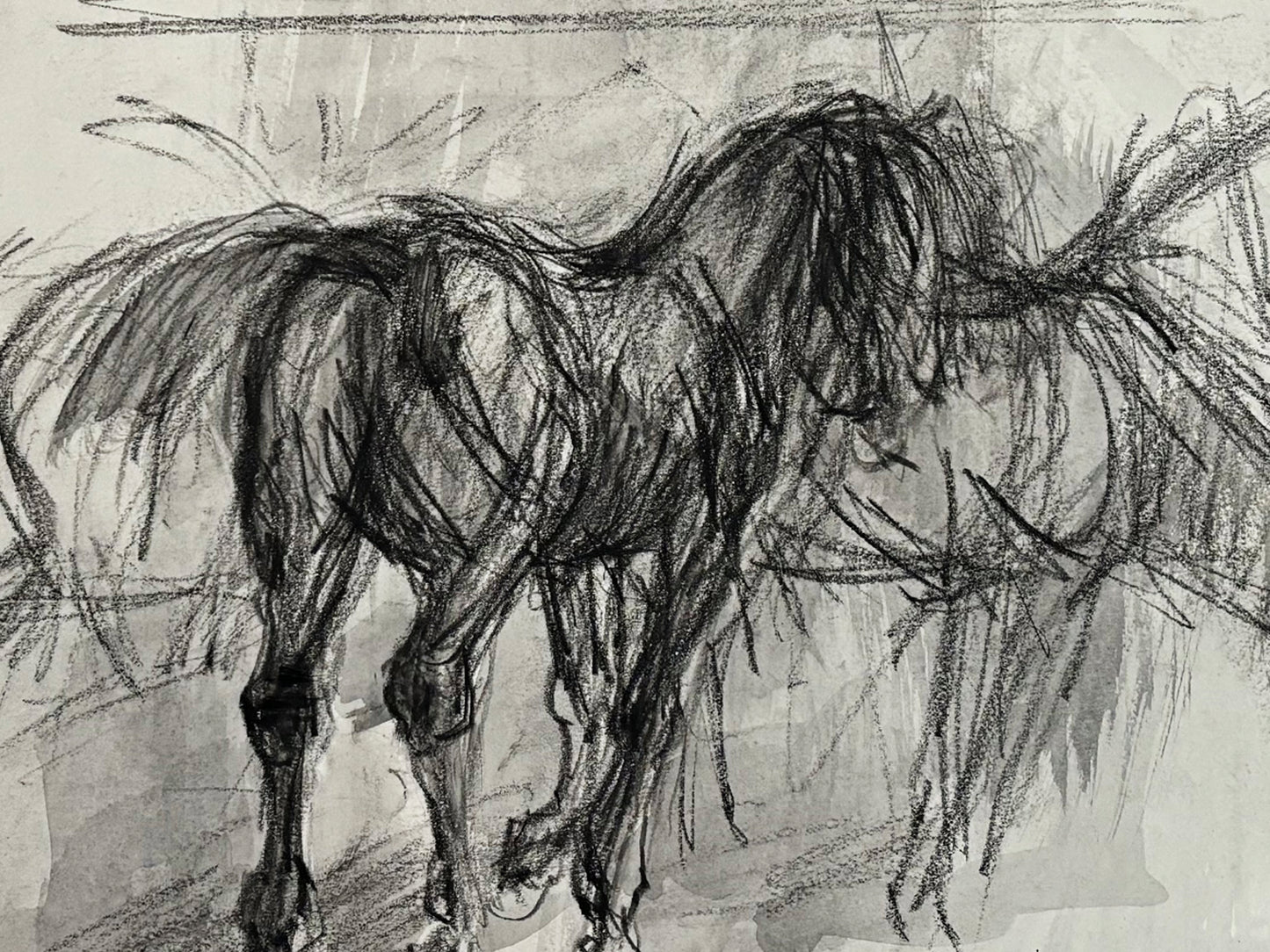 1990s "Horse Portrait Study in Black and White" British Sporting Art Equestrian Abstract Mixed Media Watercolor on Paper