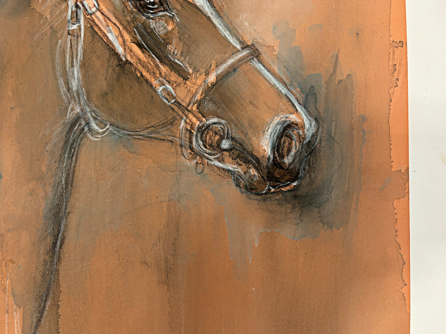 1990s "Horse Portrait Study on Tan" British Sporting Art Equestrian Abstract Mixed Media Watercolor on Paper