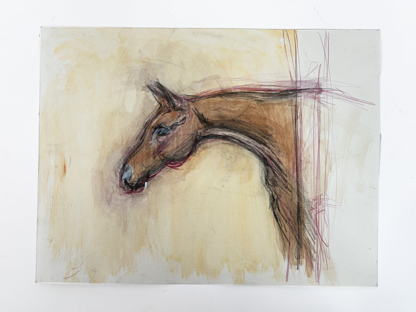 1990s "Horse Portrait Study in Beige and Maroon" British Sporting Art Equestrian Abstract Mixed Media Watercolor on Paper