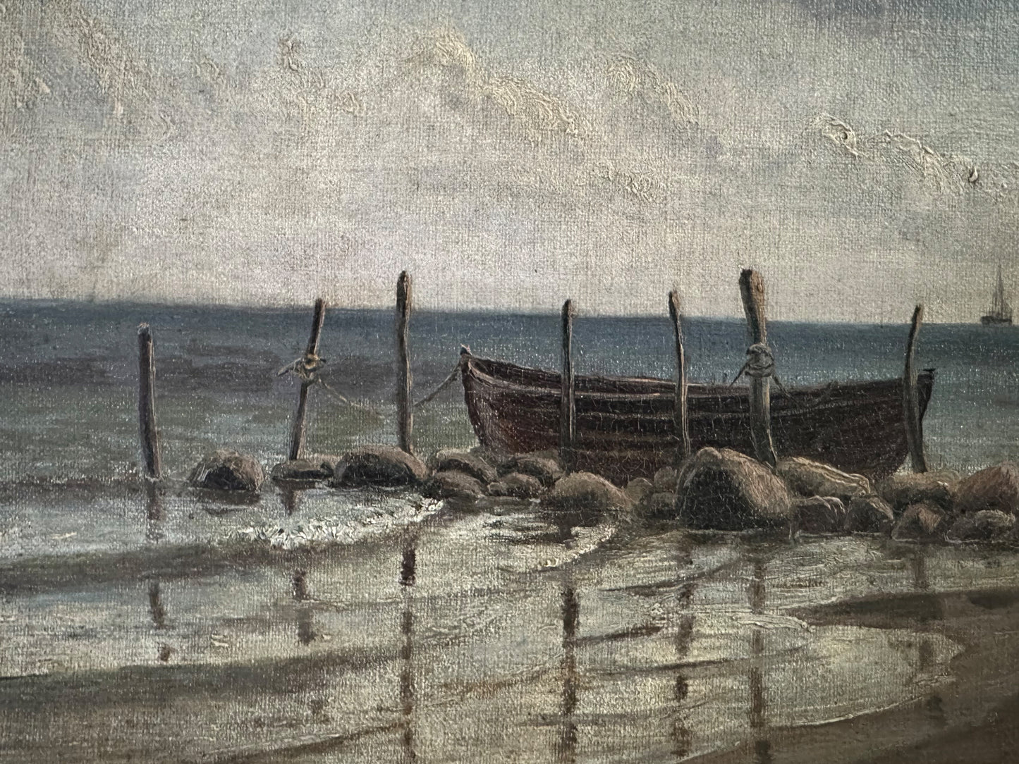 Antique Coastal Landscape Oil Painting, 1910 Original Artwork in Antique Gold Frame