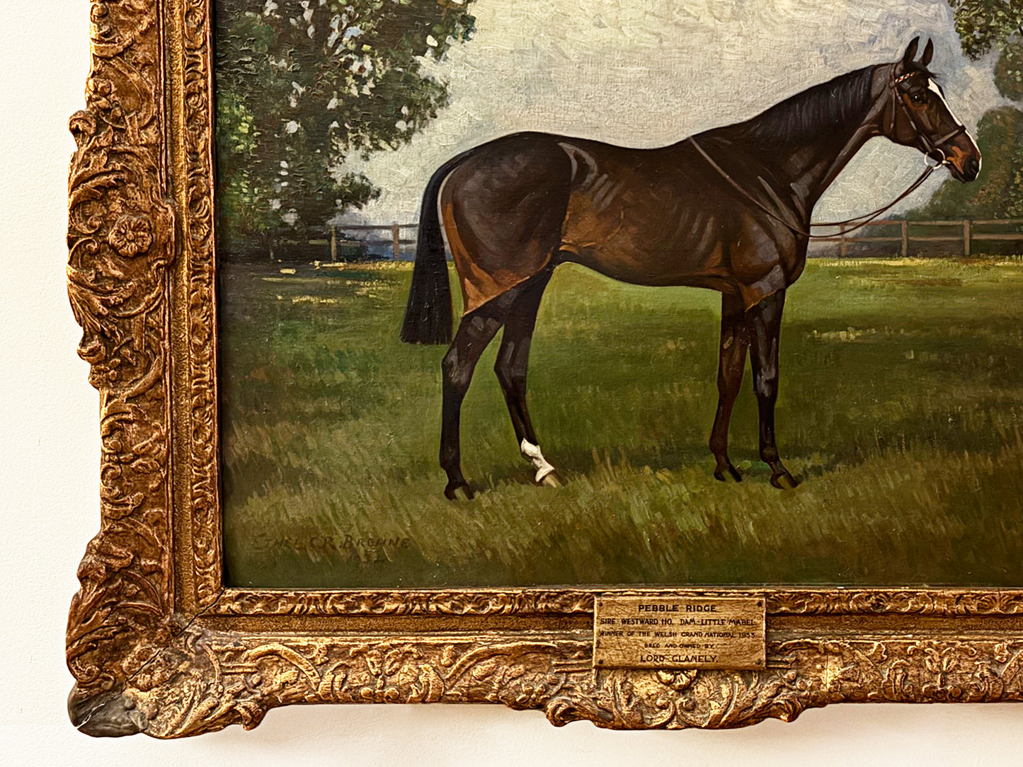 1934 "Pebble Ridge" Large Antique Horse Painting English Country Oil on Canvas by Ethel C. R. Browne