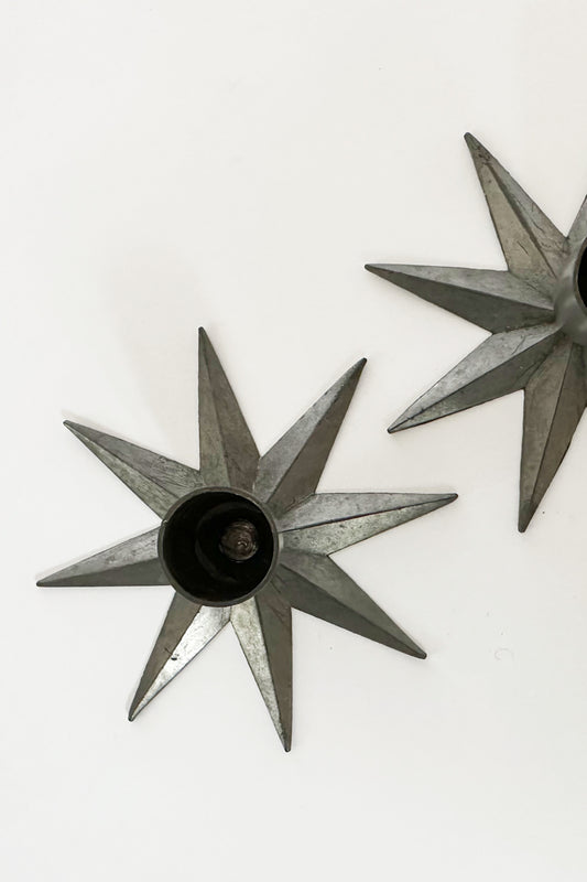 Vintage Pewter Star Candle Holders, Scandinavian Candlestick Holders, Set of 2