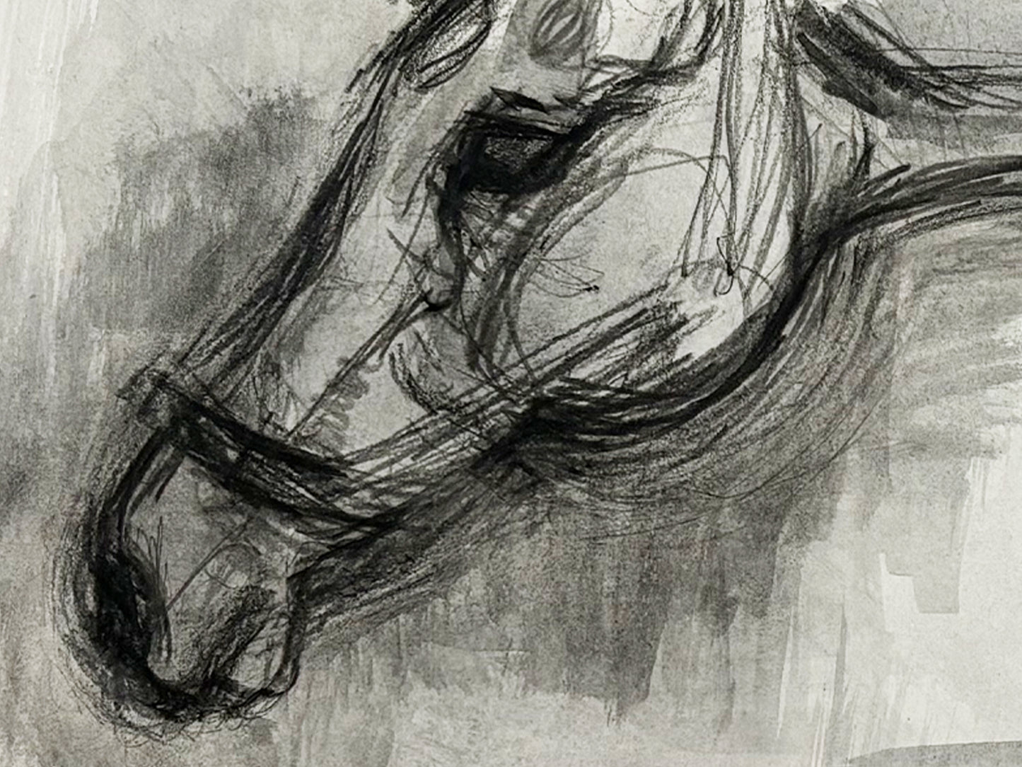 1990s "Horse Portrait Study in Black and White" British Sporting Art Equestrian Abstract Mixed Media Watercolor on Paper