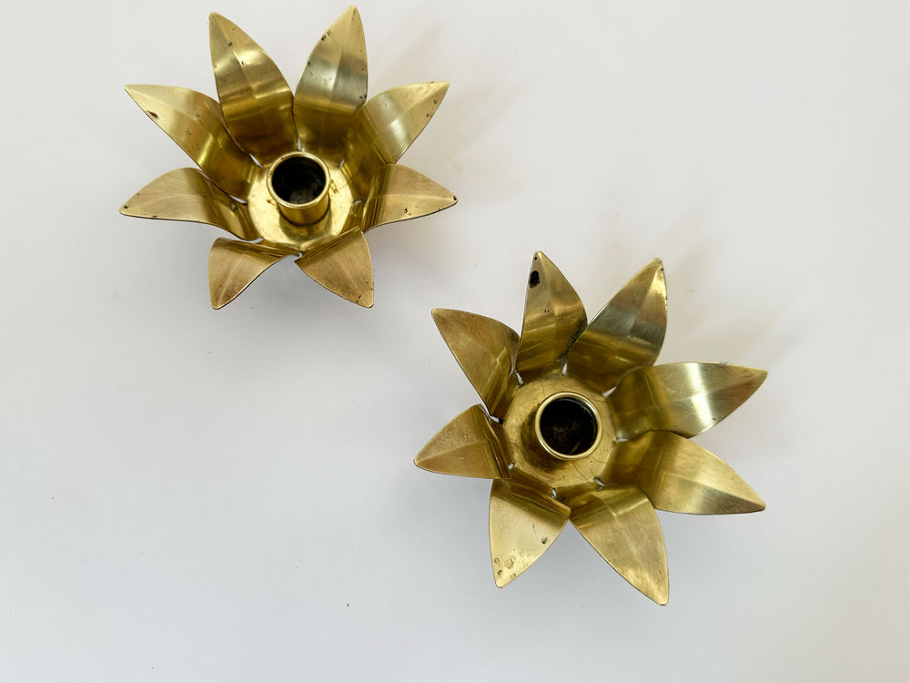 1960s Vintage Swedish Mid-Century Modern Brass Lotus Flower Candlestick Holders Set of 2