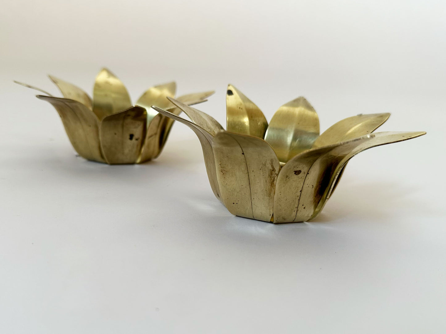 1960s Vintage Swedish Mid-Century Modern Brass Lotus Flower Candlestick Holders Set of 2