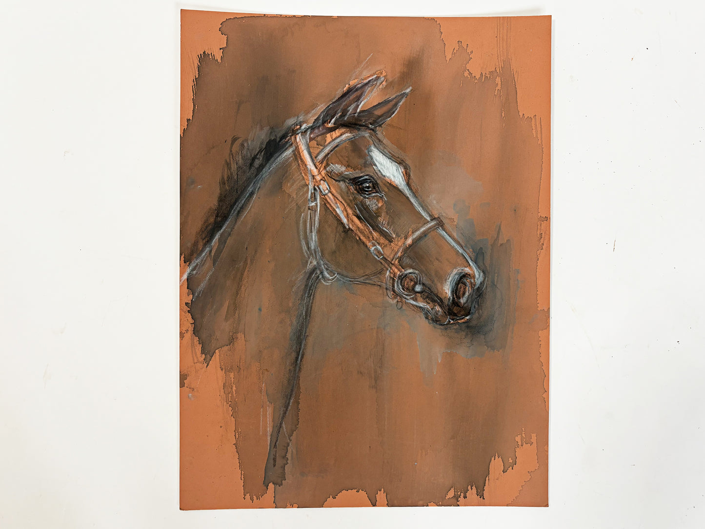 1990s "Horse Portrait Study on Tan" British Sporting Art Equestrian Abstract Mixed Media Watercolor on Paper