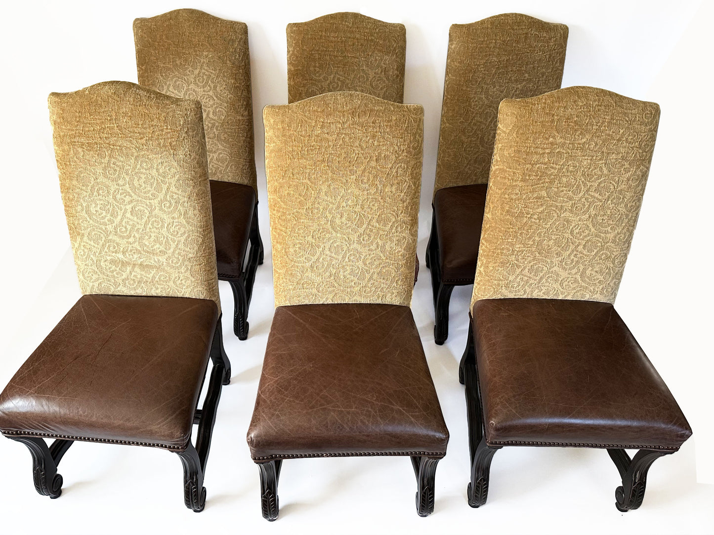 Thomasville and Design Master Louis XV Tuscan Leather and Tapestry Dining Chairs Set of 8