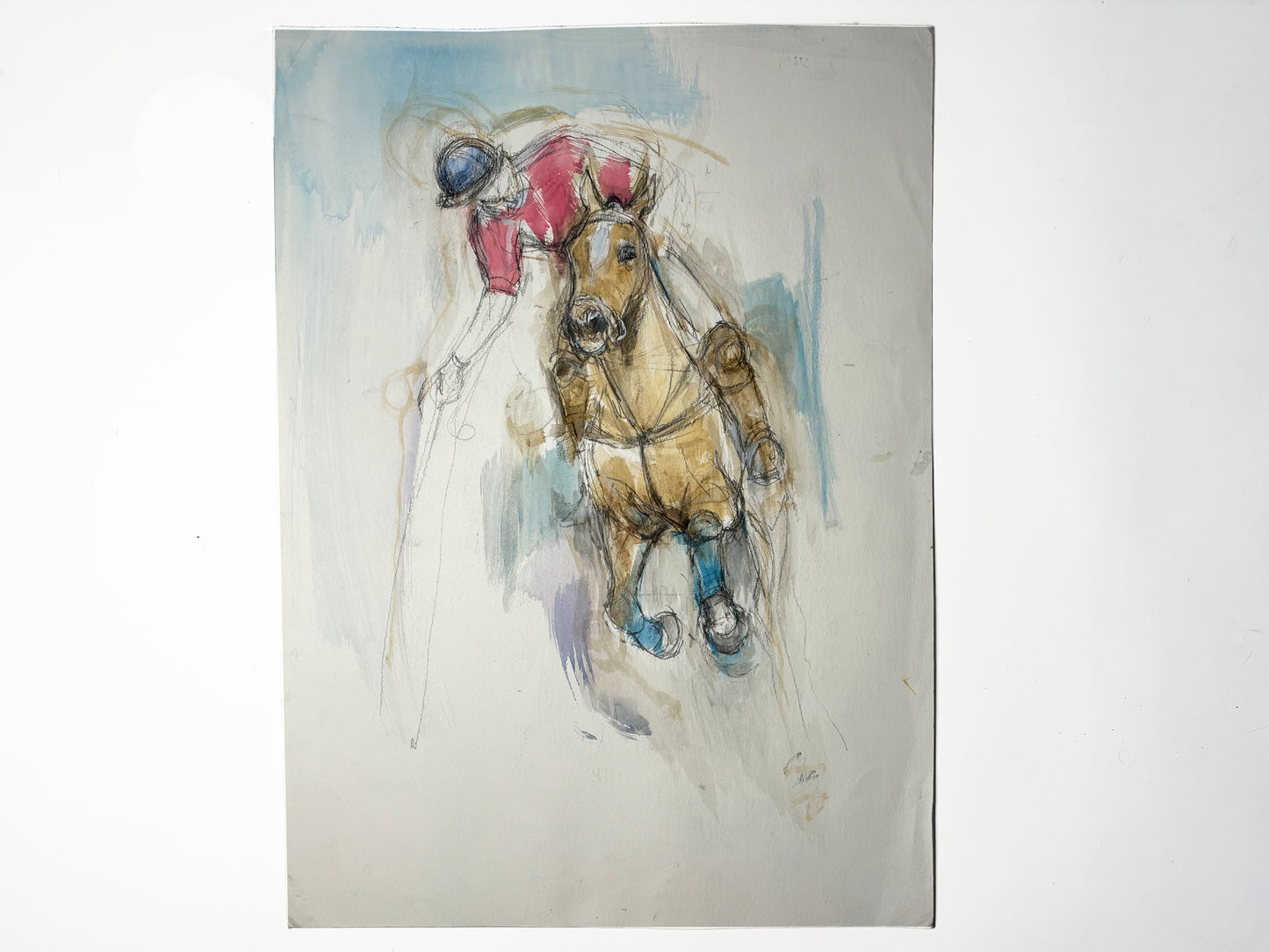 1990s "Polo Pony" British Sporting Art Equestrian Abstract Horse Mixed Media Watercolor on Paper