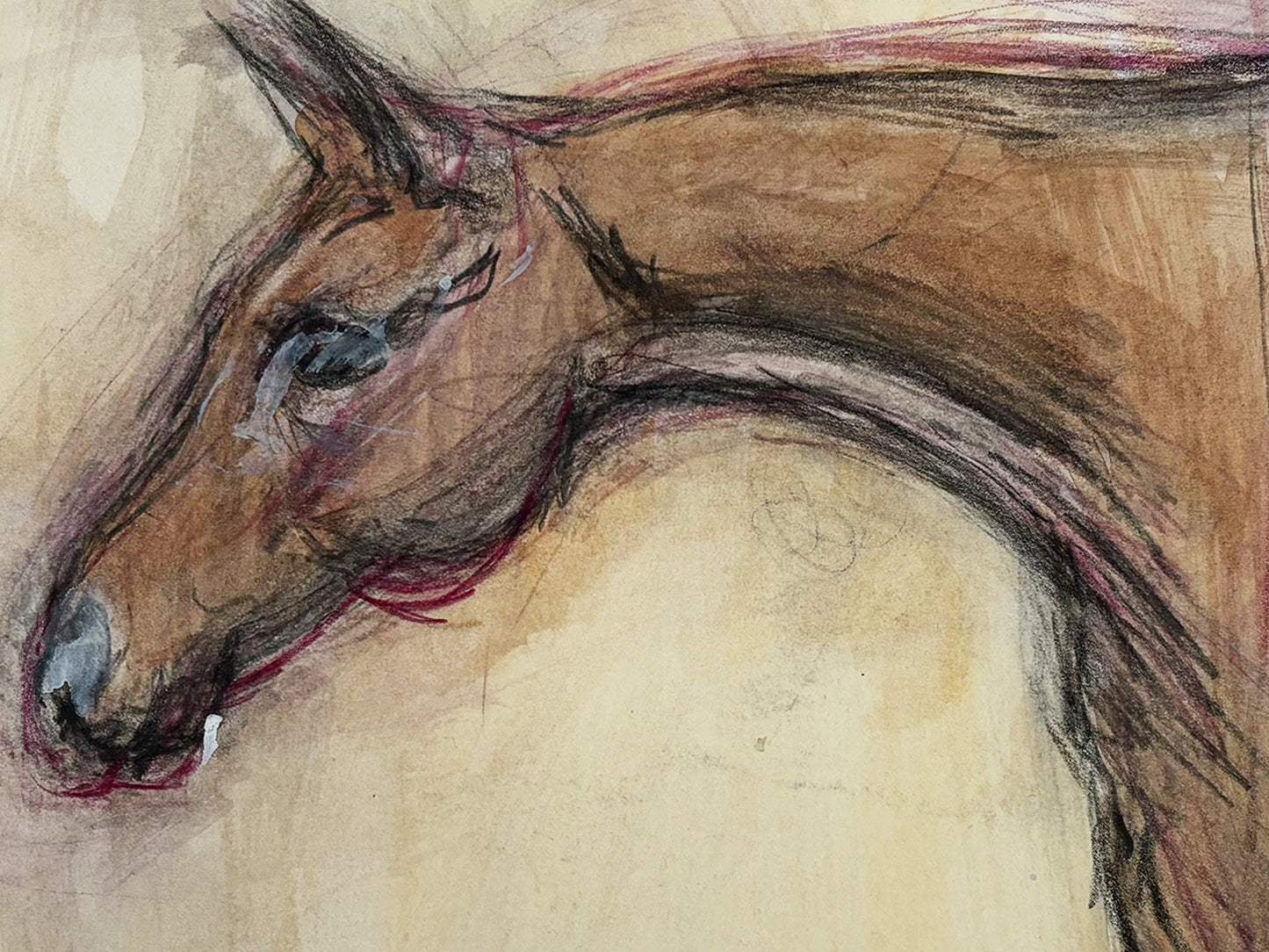 1990s "Horse Portrait Study in Beige and Maroon" British Sporting Art Equestrian Abstract Mixed Media Watercolor on Paper