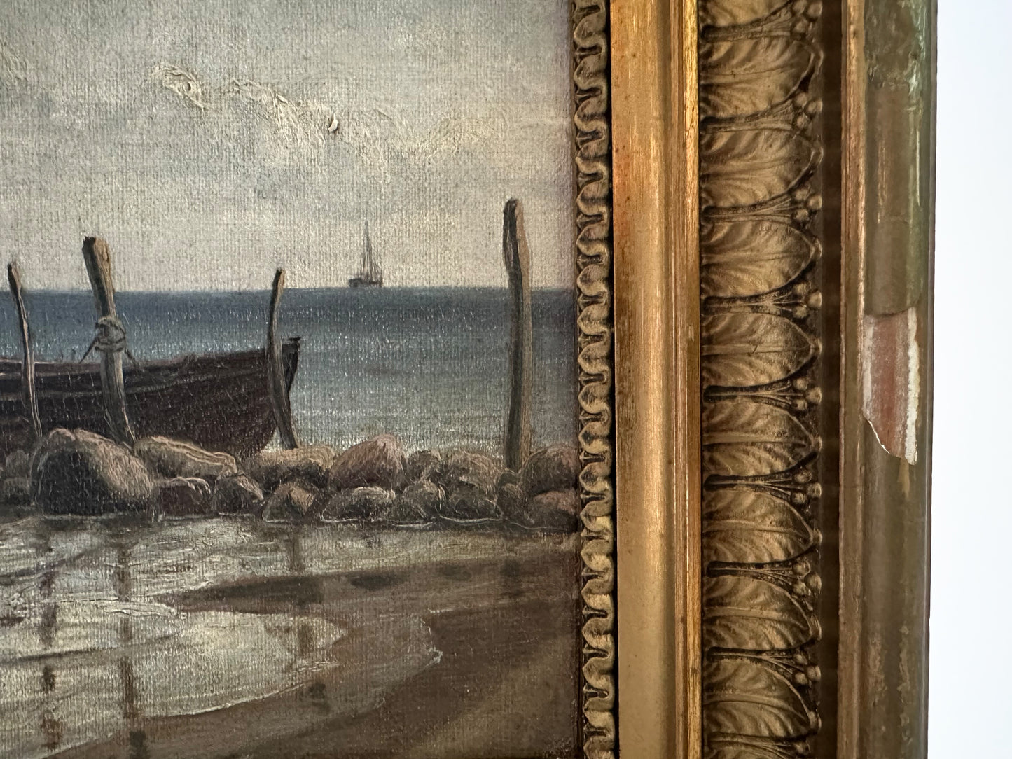 Antique Coastal Landscape Oil Painting, 1910 Original Artwork in Antique Gold Frame