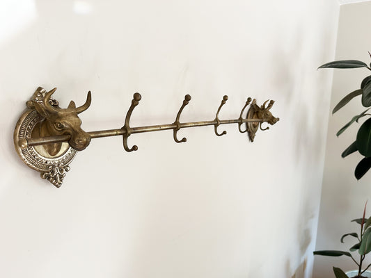 Vintage Brass Longhorn Bull Coat Rack, Western Home Decor