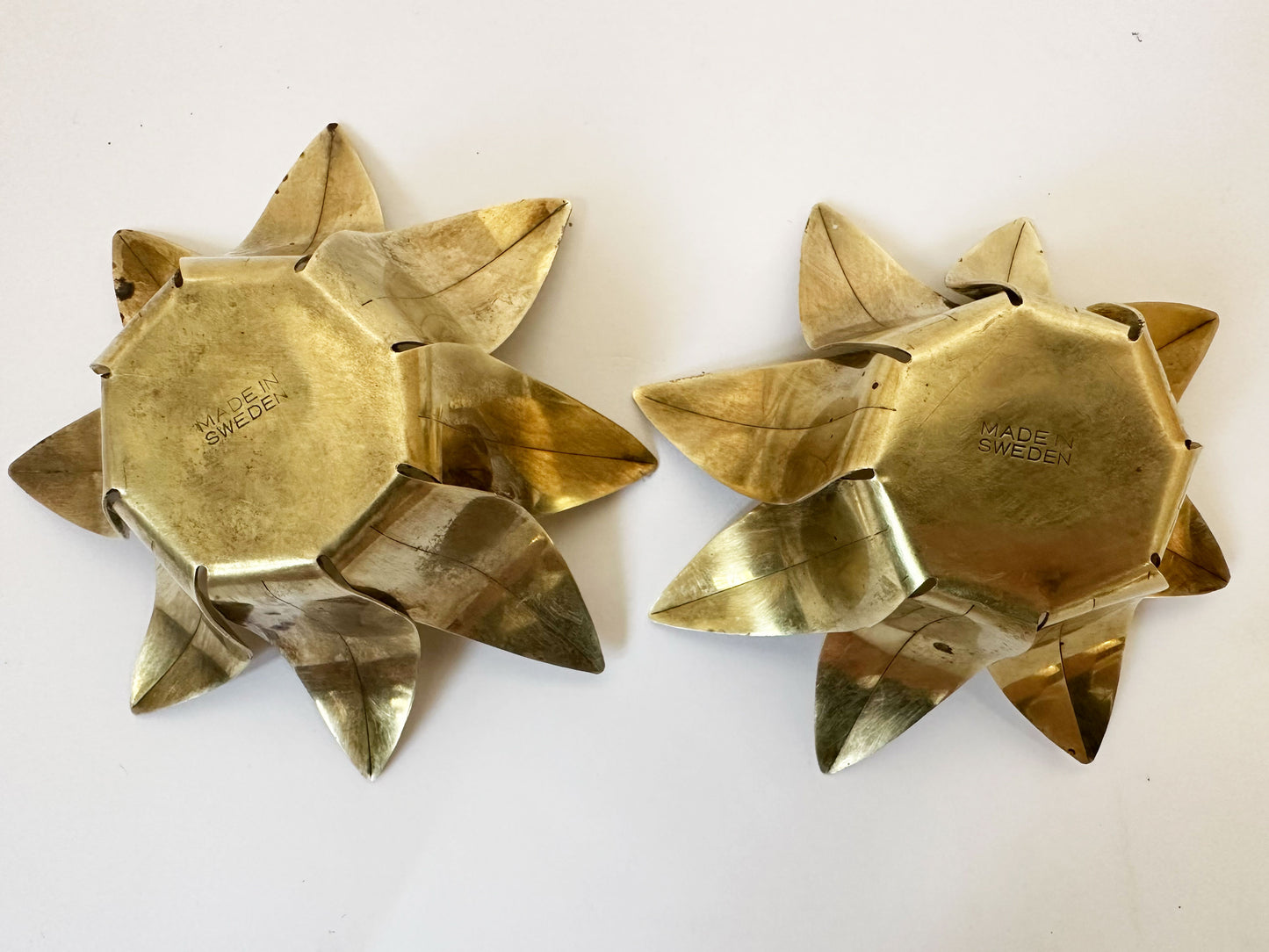 1960s Vintage Swedish Mid-Century Modern Brass Lotus Flower Candlestick Holders Set of 2