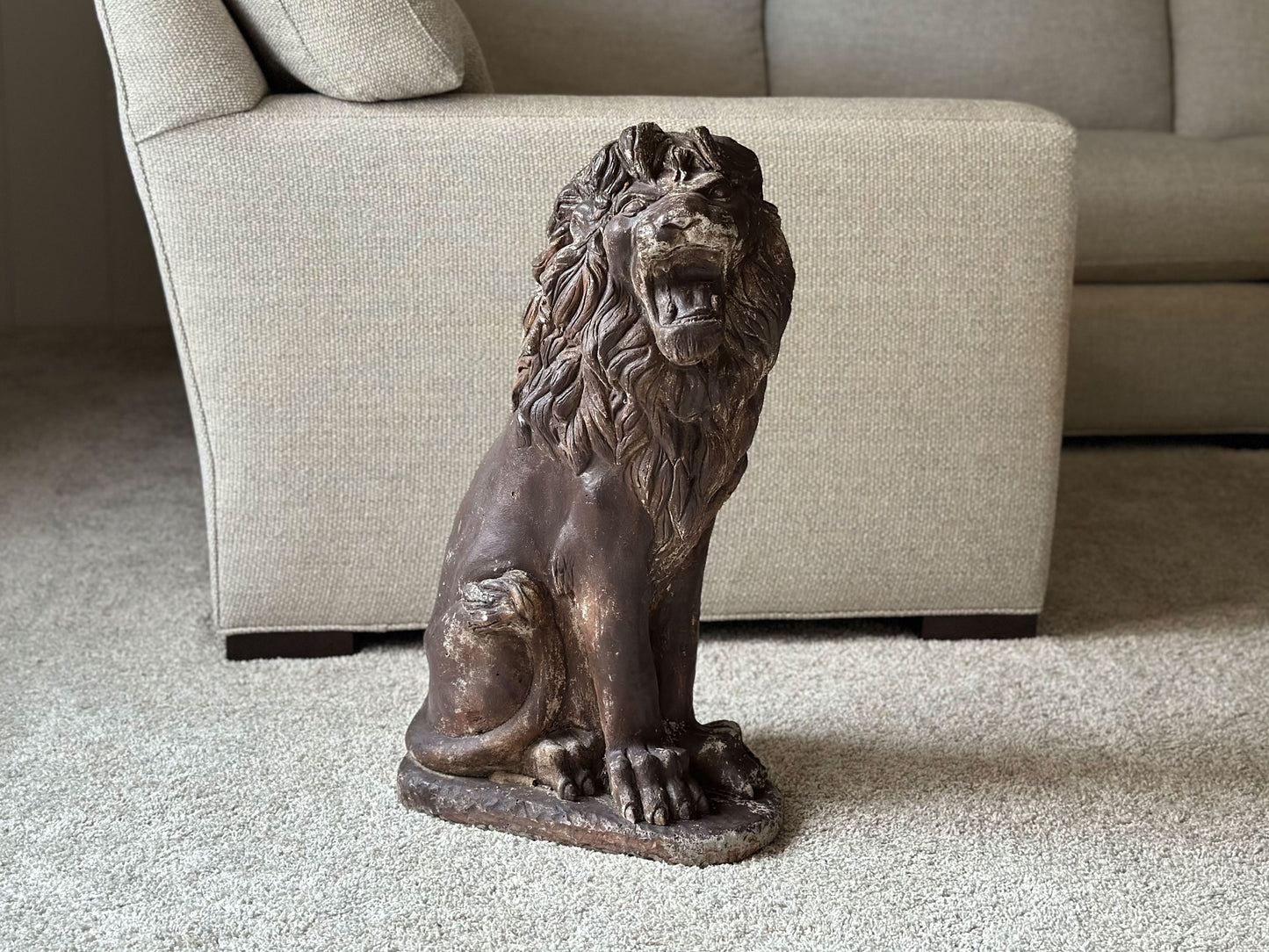 1950s Vintage Distressed Folk Art Concrete Lion Garden Statue