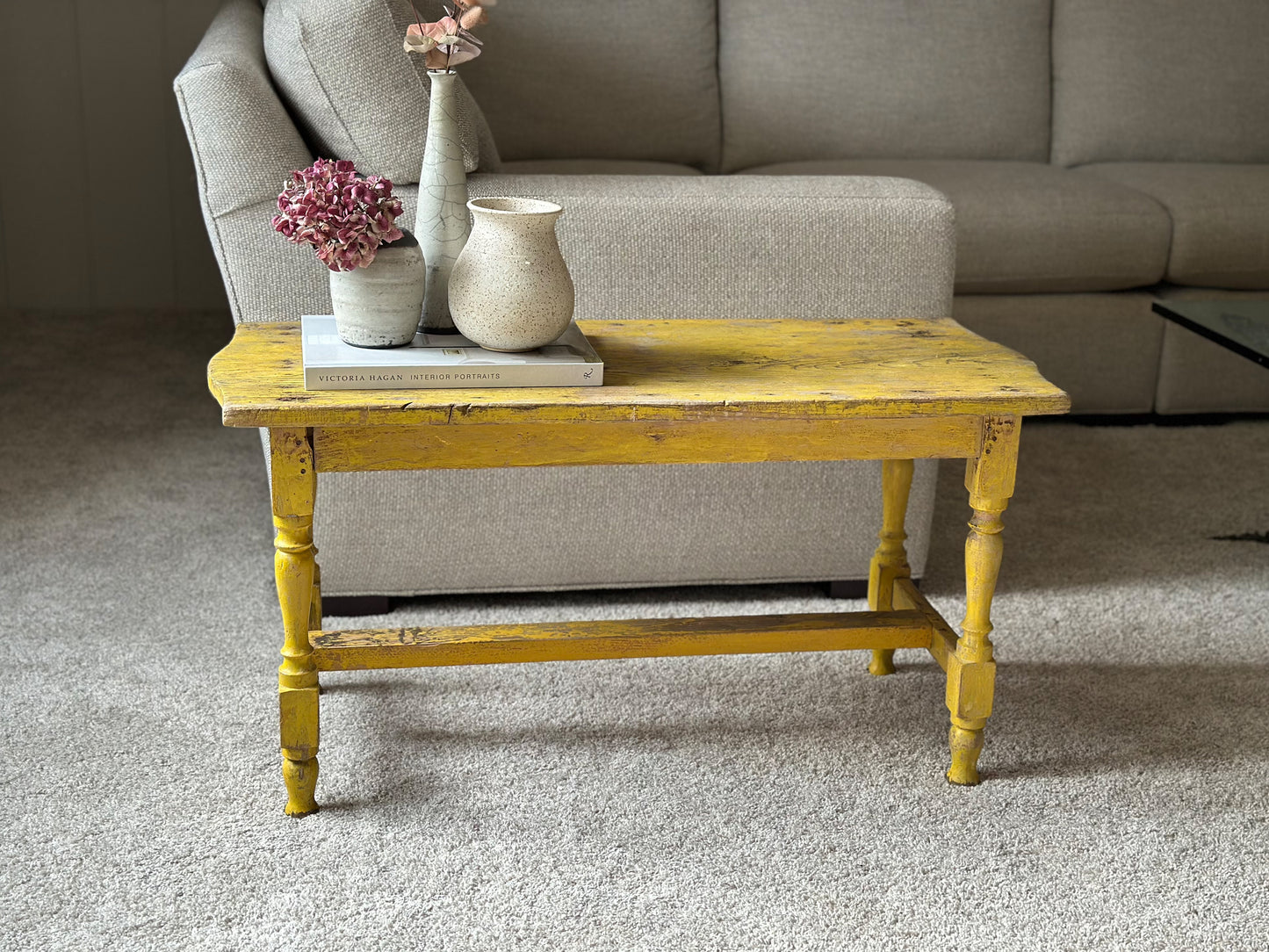 Yellow Primitive Bench, Vintage Yellow 1950s Bench