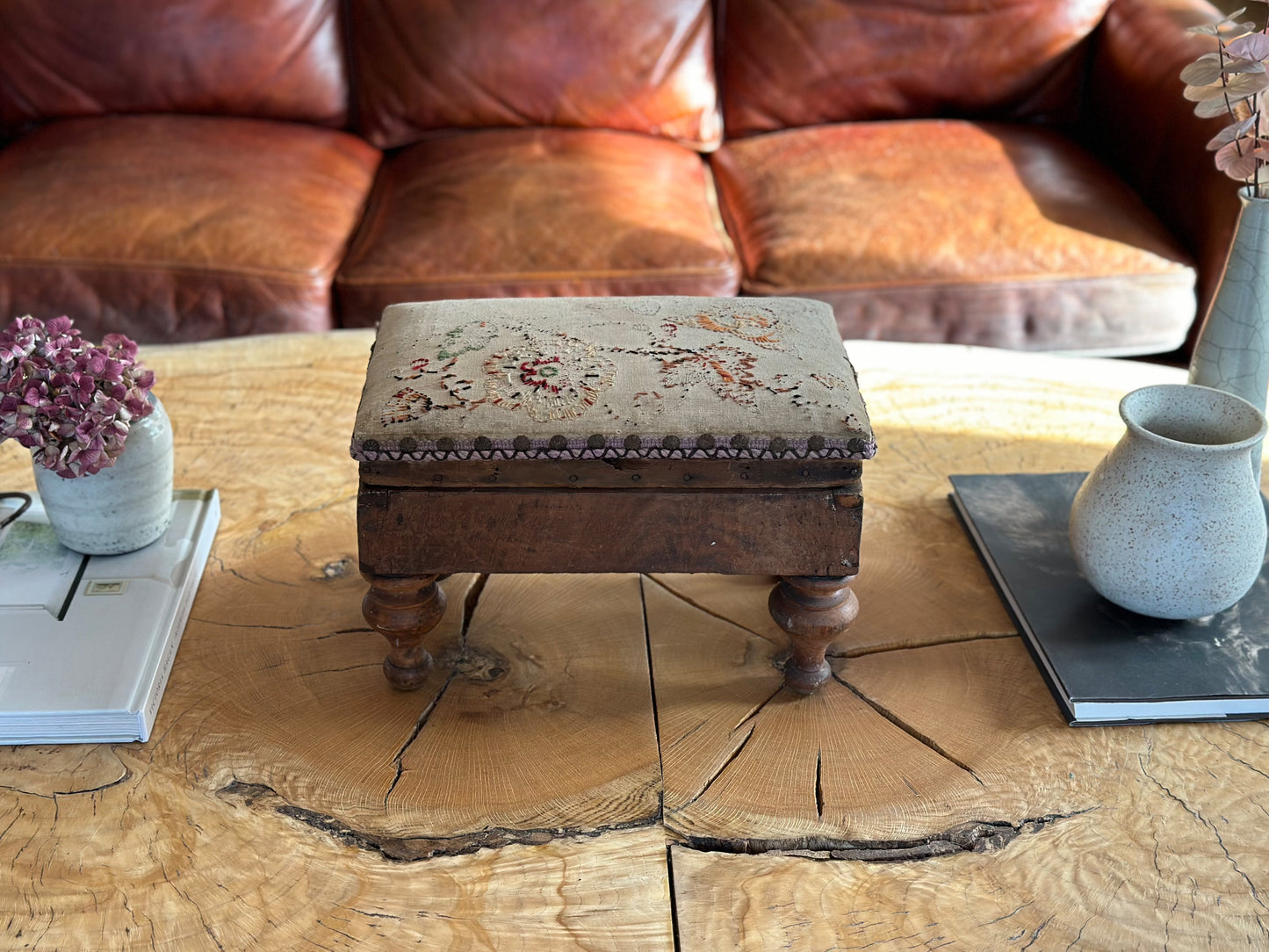 1890s Antique Primitive Needlepoint and Turned Wood Feet Footstool