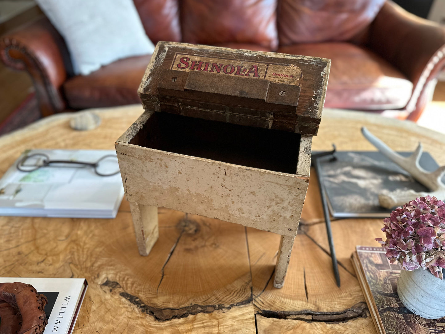 1930s Antique Shinola Primitive Painted White Distressed Wood Stool