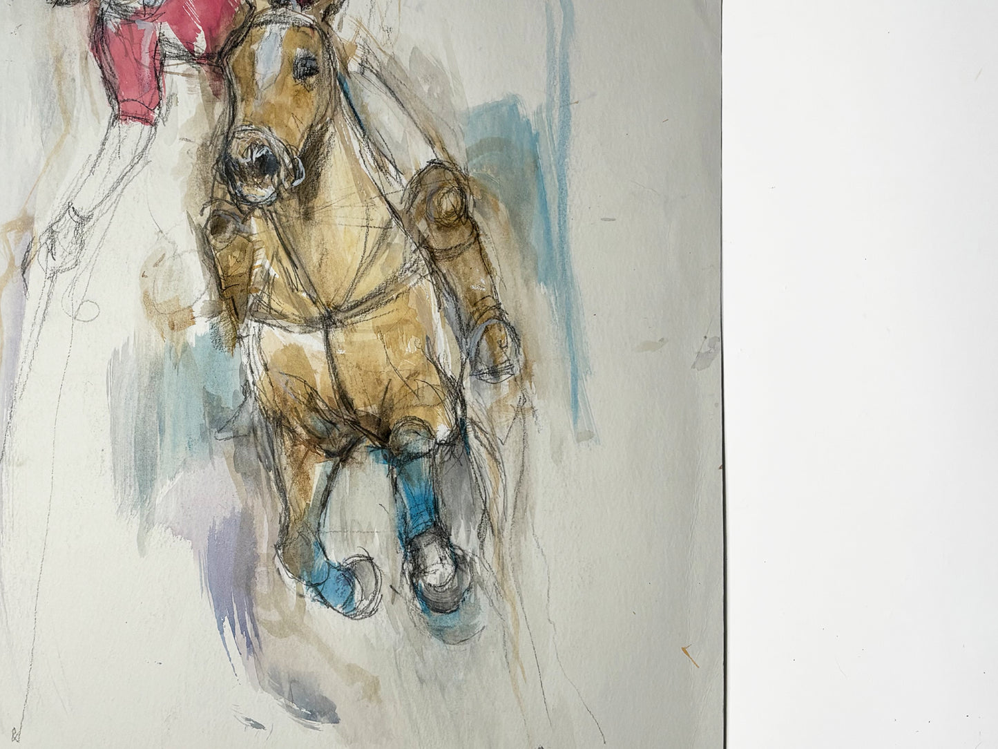 1990s "Polo Pony" British Sporting Art Equestrian Abstract Horse Mixed Media Watercolor on Paper