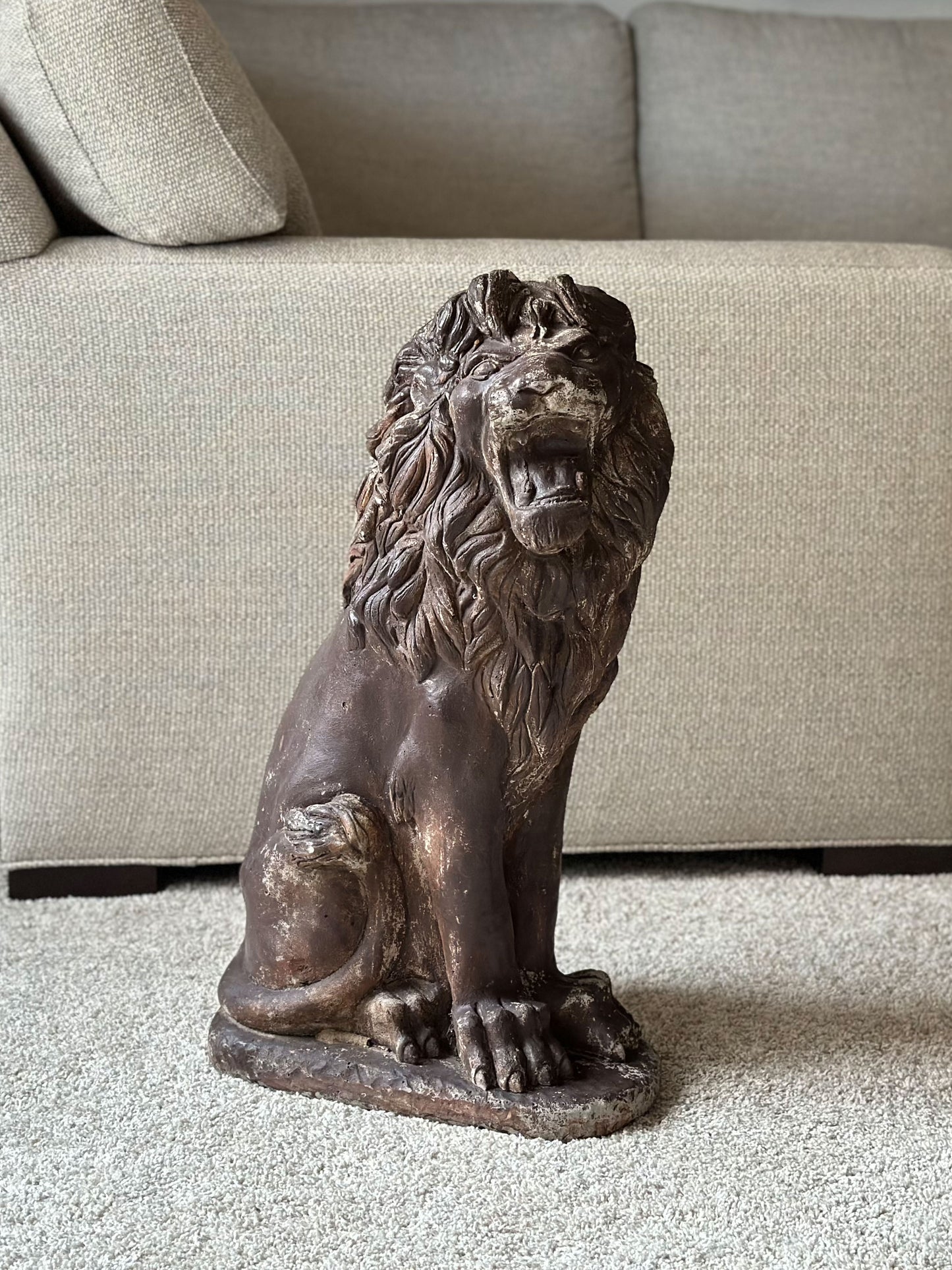 1950s Vintage Distressed Folk Art Concrete Lion Garden Statue